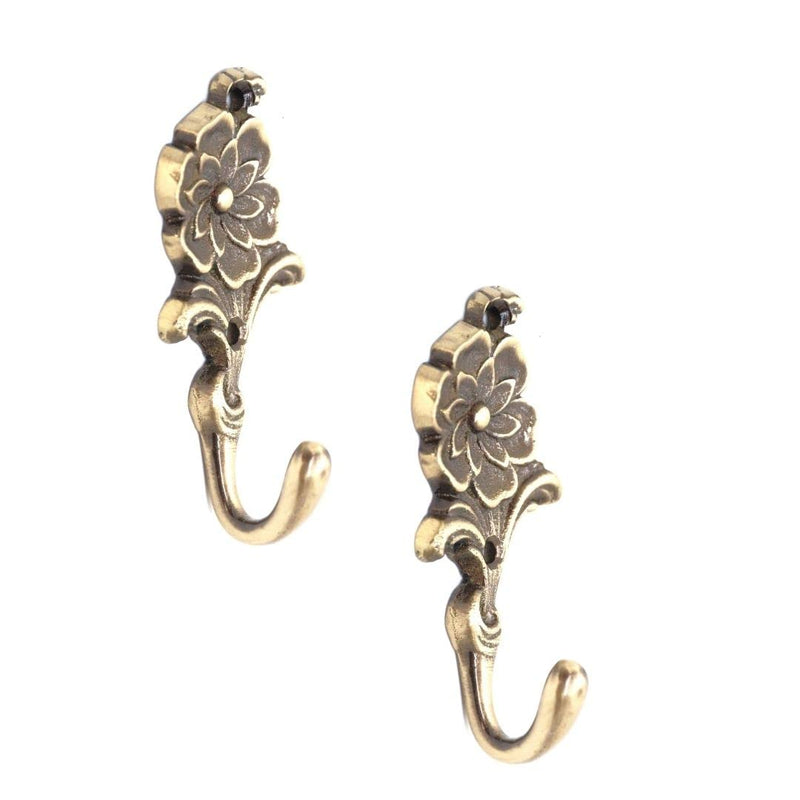 FAPBADRI Multipurpose Hooks, Used to Hang Clothes, Bags, Coats, Curtain Hold Backs, Keys, Colour - Antique Gold, Material - Brass, Flower Design, Screws and Wallplugs Included, Pack of 2 Pieces Antique Gold Flower Hook - 2pcs