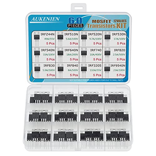 AUKENIEN Mosfet Transistor Kit 12 Values 60 Pieces IRFZ44N IRF510N IRF520N IRF530N IRF540N IRF640N IRF740 IRF820 IRF830 IRF840 IRF3205 IRF9540N TO-222 0 MosfetTransistors