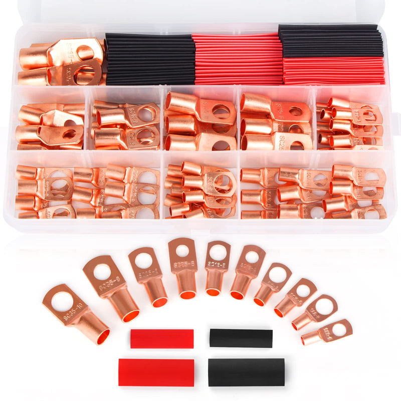 [Australia - AusPower] - Copper Wire Lugs,Terminal Connectors,Used on AWG12 10 8 6 4 2 Cable,Heat Shrink Set,Bare Copper Eyelets,Ring Terminals Connectors,64Pcs Battery Cable Lugs Ends and 66Pcs Heat Shrink Tubing (130PCS) 130PCS 