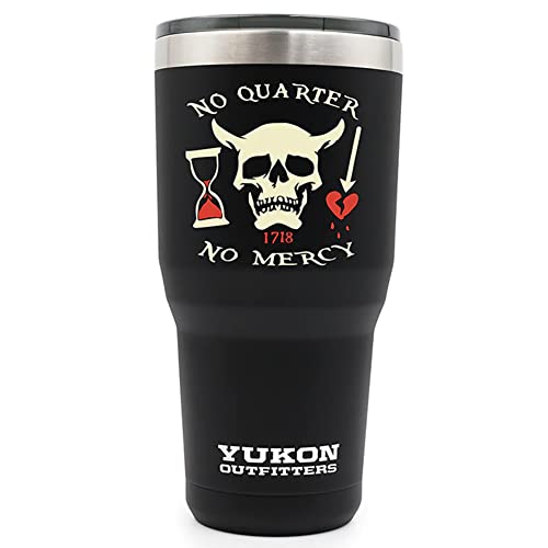 Yukon Outfitters Freedom High Grade 18/8 Stainless Steel Double Wall Vacuum Insulated Tumbler (30oz / 890ml) - 7.85" H x 3.9" Top Dia. / 2.9" Bottom dia., Black with 'No Quarter' Pirate print 30 Ounces