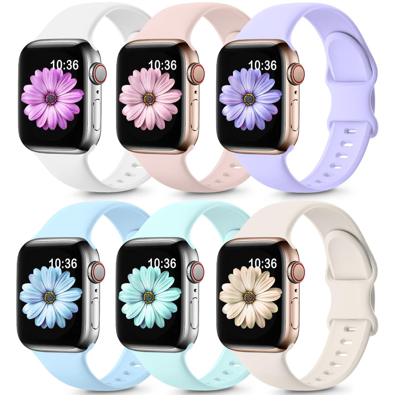 6 Pack Sport Bands Compatible with Apple Watch Bands 40mm 38mm 41mm 42mm 44mm 45mm 49mm,Soft Silicone Waterproof Strap for iWatch Ultra2 Series 9 Ultra 8 7 6 5 4 3 2 1 SE Women Men White/PinkSand/LightGreen/LightBlue/Lavender/Starlight 38mm/40mm/41mm