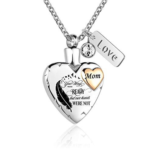 Heart Urn Necklace for Ashes Cremation Memorial Keepsake Jewelry for Loved Ones -Your Wings were Ready My Heart was Not Angel wing 1-Mom