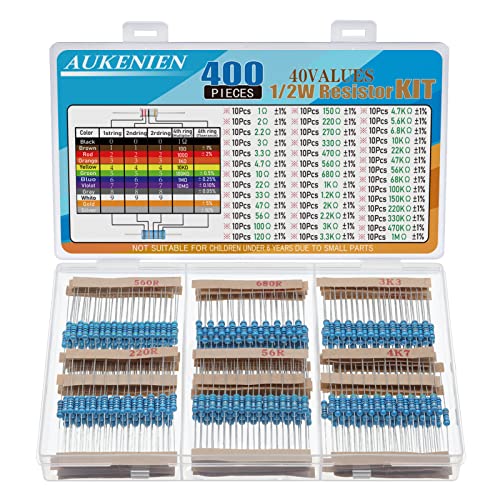 AUKENIEN 1/2 W Resistor Assortment 40 Values, 400 Pieces, Metal Layer Resistors, 1 to 1M Ohm Resistors, Electronic Resistor Kit, RoHS Compliant with ± 1% Tolerance 1/2W ±1%