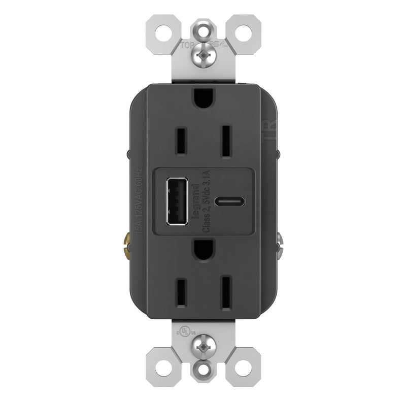 Legrand Pass & Seymour Radiant 15 Amp Wall Power Outlet with 3.1 Amp USB Charger, Black Without Wall Plate