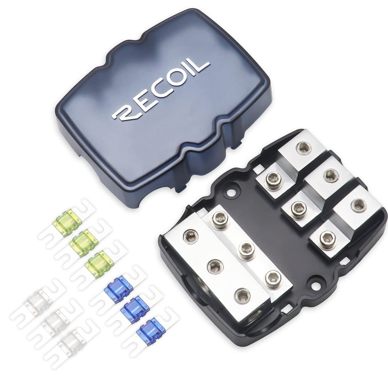 [Australia - AusPower] - RECOIL MFH13 3-Way Mini-ANL Fused Distribution Block, 3 X 0/2/4 Gauge in / 3 X 4/8 Gauge Out Fused Distribution Block with 60A, 80A, 100A Fuses, Solid Brass for Maximum Power Transfer 3-Way Fuse Block, 3 Inputs & 3 Outputs 