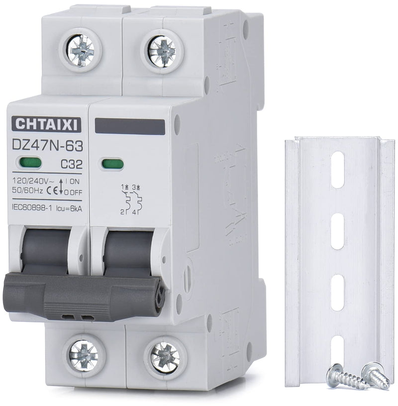 [Australia - AusPower] - AC Miniature Circuit Breaker, 32 Amp 120V/240V 2 Pole DIN Rail Mount Circuit Breaker, Thermal Magnetic Trip, Solar AC Disconnect Switch MCB C32 