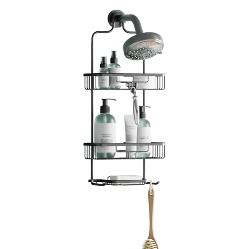 Zenna Home Rustproof Hanging Shower Caddy, Over the Shower Head Caddy with 2 Shelves and Built In Hooks, Aluminum Bathroom Hanging Organizer, Black
