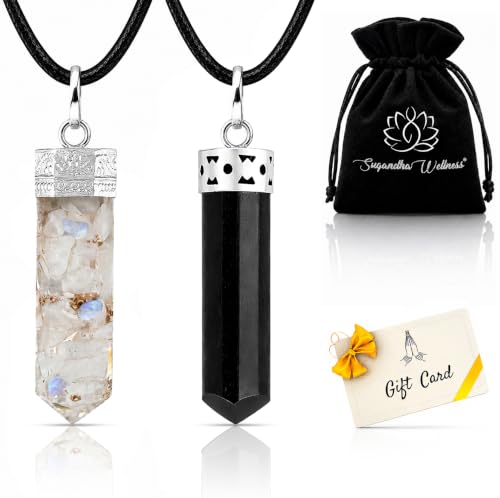Black Tourmaline Necklace & Moonstone Necklace - Healing Crystals Pendant for Powerful Protection. Stress Relief. Raw Stone Jewelry for Men & Women