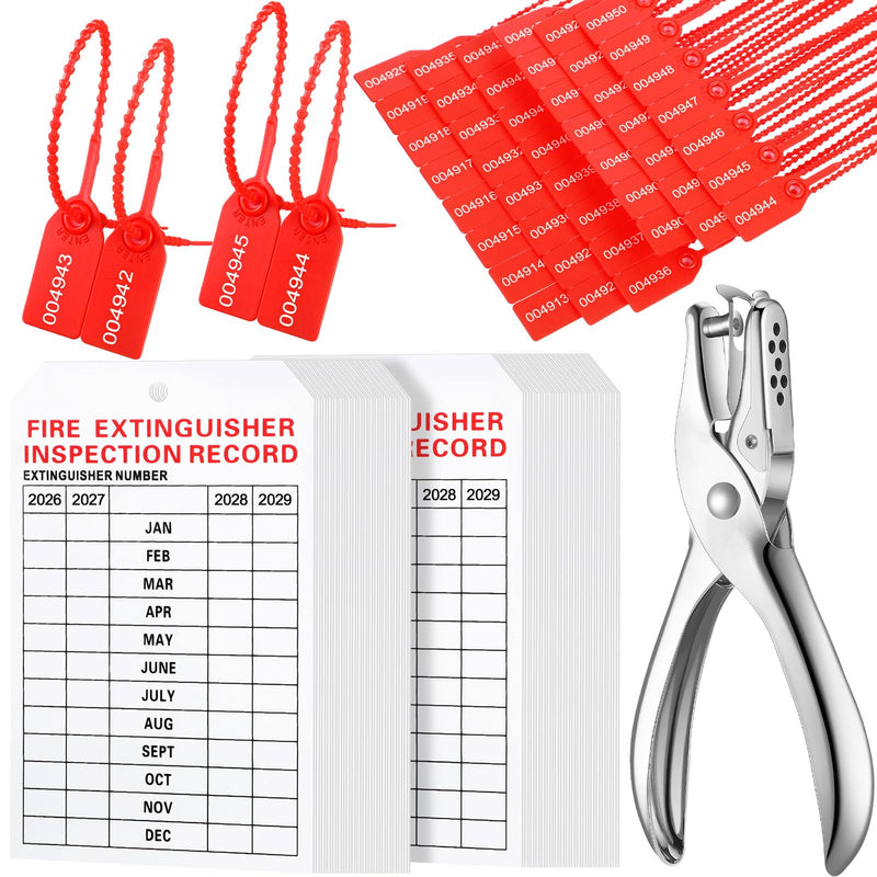 101 Pieces Monthly Fire Extinguisher Inspection Tags 2022 Maintenance Tags and Plastic Tamper Seals Numbered Security Tags with Handheld Hole Puncher (Red, White, 5 x 3.3 Inch) Red, White
