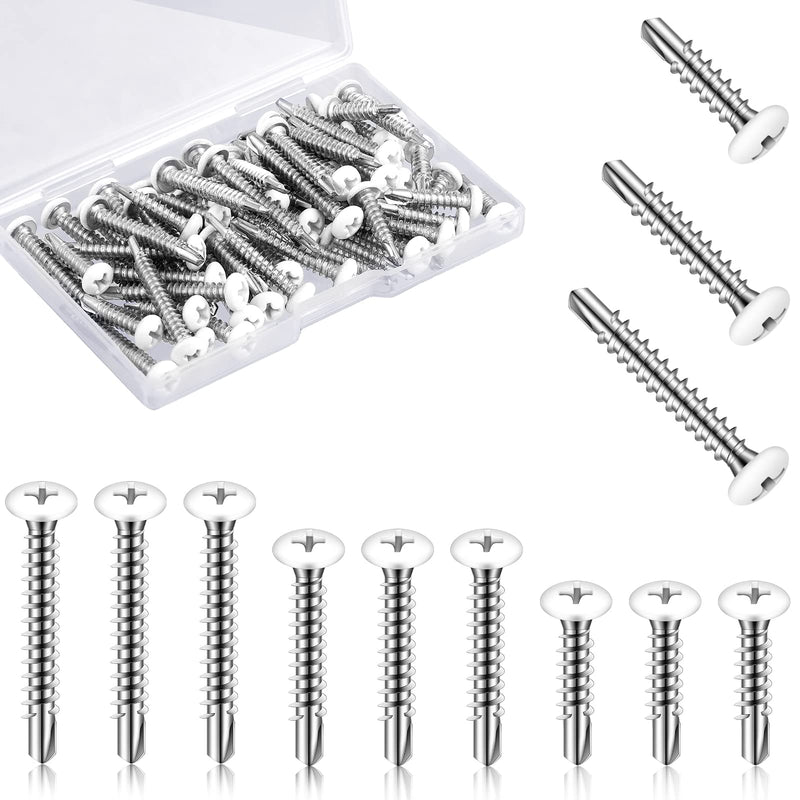 [Australia - AusPower] - 120 Pcs #8 White Pan Head Screw White Sheet Metal Screws Self Tapping Screws for Metal Quad Drive Self Tapping Drill Screws Cargo RV Exterior Fasteners, Enclosed Trailer Repair Screws,3 Sizes 