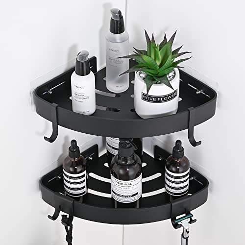 DUFU Adhesive Corner Shower Caddy with Hooks, Black, 2 Pack