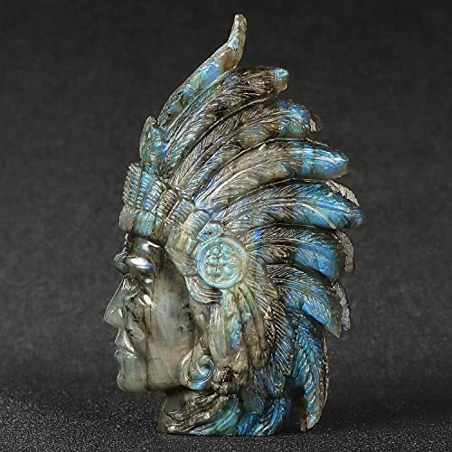 3.2inches Labradorite Crystal Skull Indian Chiefs Hand Carved Bust Head Figurines Art Sculpture Healing Gemstone