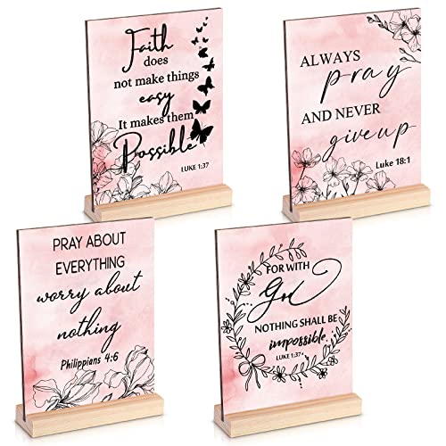 Yulejo 4 Pcs Pink Inspirational Desk Decor Christian Gifts for Women Motivational Office Desk Accessories Decor Sign Bible Verse Wood Block Plaque Positive Centerpiece for Mother Girls Faith Gifts