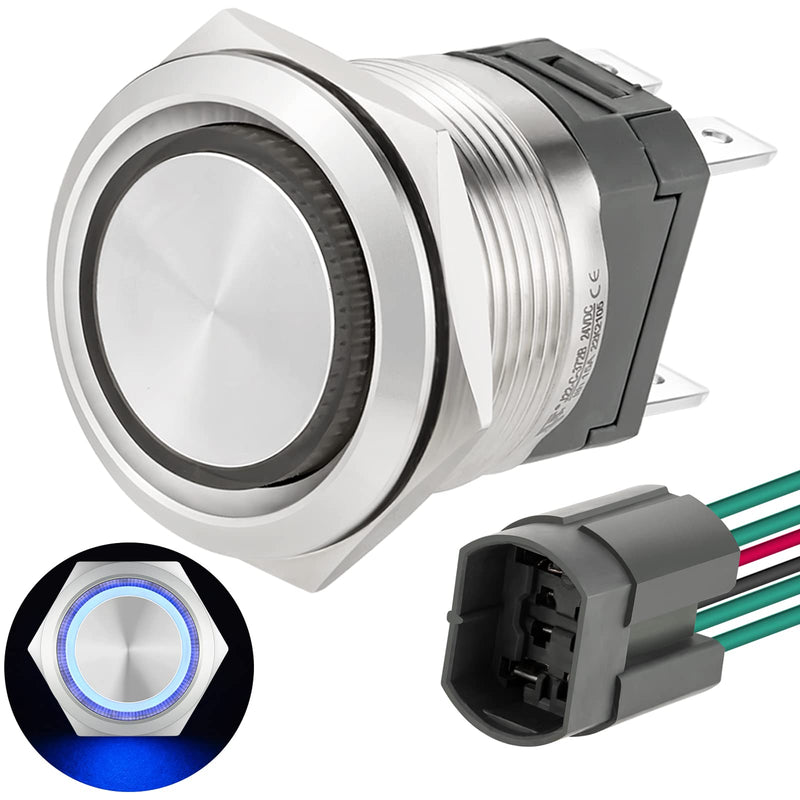[Australia - AusPower] - 22mm Push Button Switch 15A 110V/120v Latching 2NO DPST Angel Eye LED Stainless Steel Round Self-Locking 7/8'' with Wire Socket Blue Latching 120V 