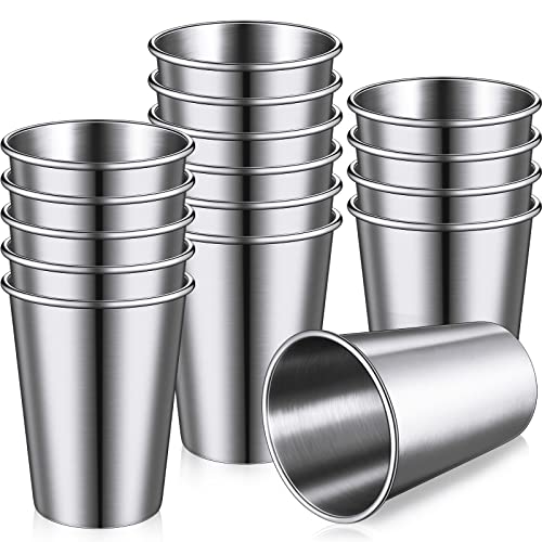Baderke 16 Pack Stainless Steel Cups and Adult Pint Tumbler Metal Cups Stackable Tumbler Shatterproof Metal Drinking Glasses for Travel Outdoor Camping(12 oz,Silver) 12 oz Silver