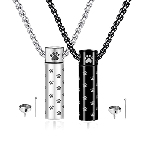 MOROTOLE Dog Urn Necklaces For Ashes Paw Print Ashes Urn Pendant Necklace Cylinder Cremation Necklace For Pet Ashes Urn Necklace For Puppy Pet Memorial Keepsake Jewelry Set-blacksilver