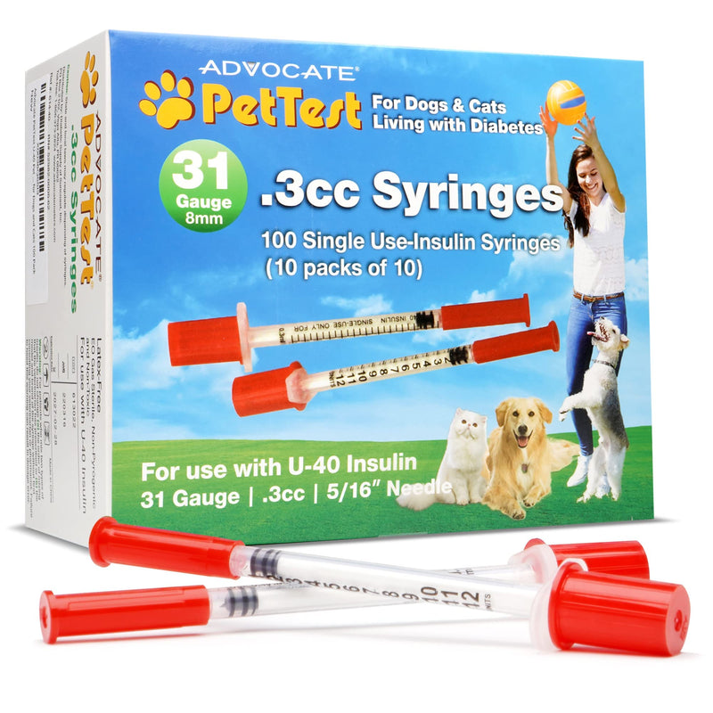 [Australia - AusPower] - PetTest U-40 Pet Insulin Syringes 0.3CC 31G, 5/16 Inch Long Needles, Comfortable Thin 31 Gauge, For Cats and Dogs, Pets Diabetic Supplies, 100 Pack 