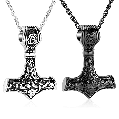 shajwo Mjolnir Thors Hammer Urn Necklace for Ashes for Men Celtic Nordic Viking Cremation Jewelry for Women Keepsake Memorial Ashes Pendant 2PCS Silver/Balck