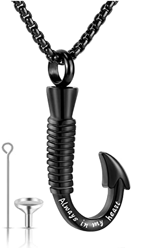 YOUFENG Fishing Hook Urn Necklace for Ashes Stainless Steel Cremation Jewelry Always in My Heart Ashes Necklaces Memorial Keepsake for Men Black