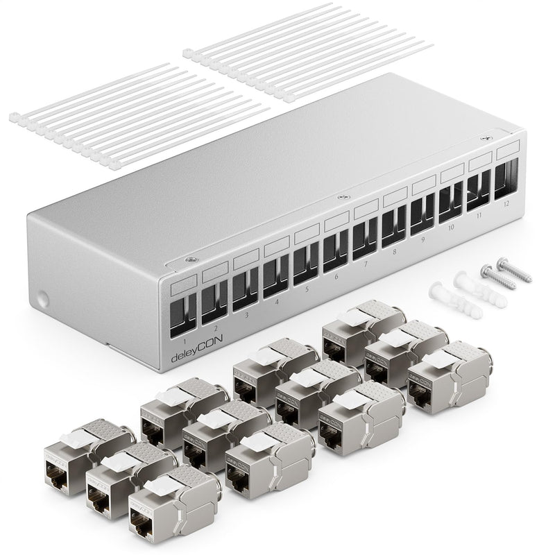 deleyCON 12-Port Patch Panel Set, CAT6a STP 1U - Grey | Distribution panel with 12x RJ45 Keystone jack modules, compatible with CAT6, CAT6a, and CAT7 installation cables, network cables, Ethernet LAN, DSL, grey, 12 ports + 12x RJ45 Keystone