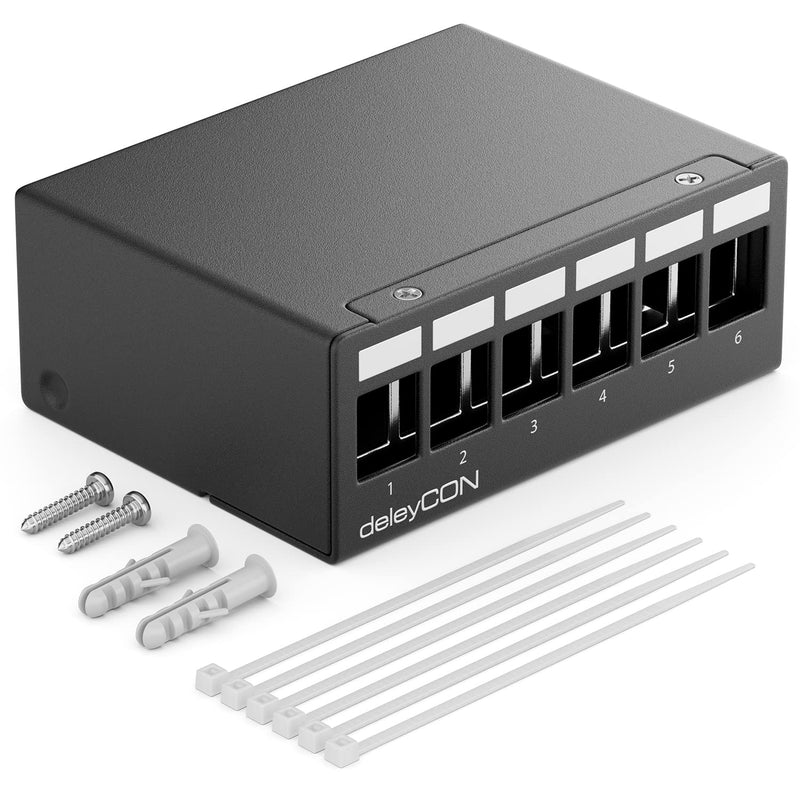 deleyCON 6 Port Patch Panel Housing 1 U 14.9 x 17 mm Keystone - Black | For keystone modules, RJ45, coax, BNC, F-connector, antenna, RJ-11, cinch, jack, USB, Toslink, PS2, HDMI 6 Port Gehäuse