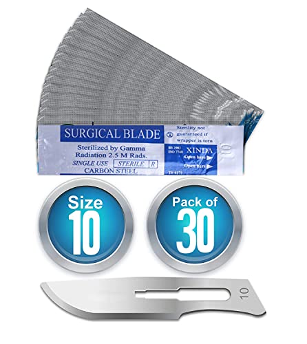 Sterile Stainless Steel Scalpel Blades, Single Use, Premium, Safety Blade No. 10, 30 Individually Wrapped Scalpels Craft Blades Made of Carbon Steel, Set of 30 Scalpel Blades No. 10 Aluminum Colour