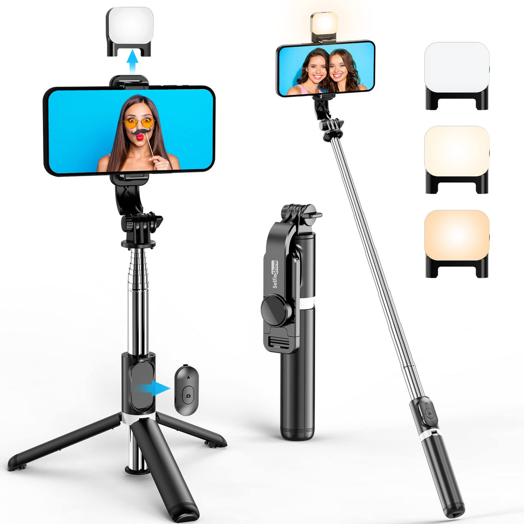 [Australia - AusPower] - Portable 41 Inch Selfie Stick Phone Tripod with Wireless Remote Extendable Tripod Stand 360 Rotation Compatible with iPhone 14 13 12 11 pro Xs Max Xr X 8 7 6 Plus, Android Samsung Smartphone Black & With Light 
