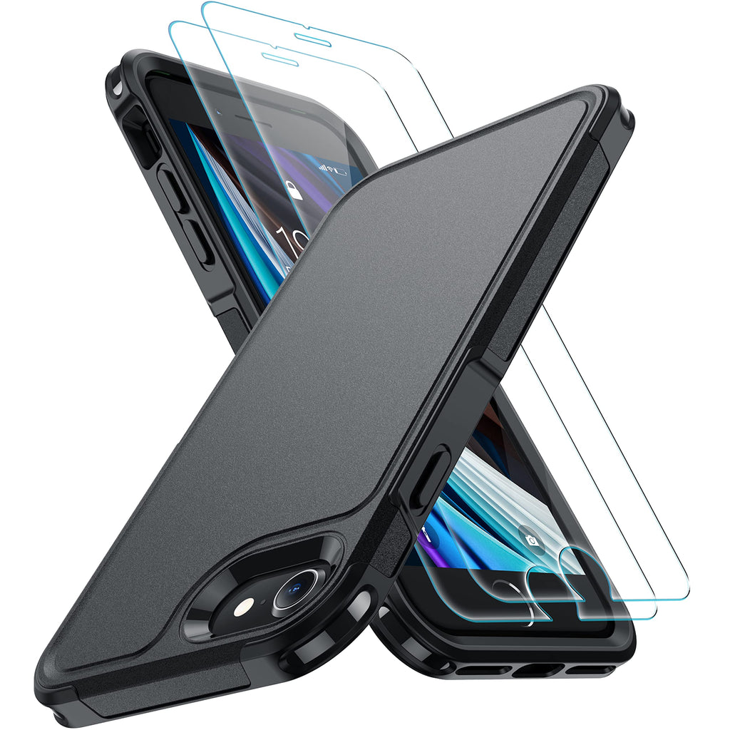 [Australia - AusPower] - xiwxi for iPhone SE Case 2022/3rd/2020,iPhone 8/7 Case,with [2xTempered Glass Screen Protector] [360 Full Body Shockproof] [Heavy Dropproof],Hard PC+Soft Silicone TPU+Glass Screen Phone Case-Black Black 