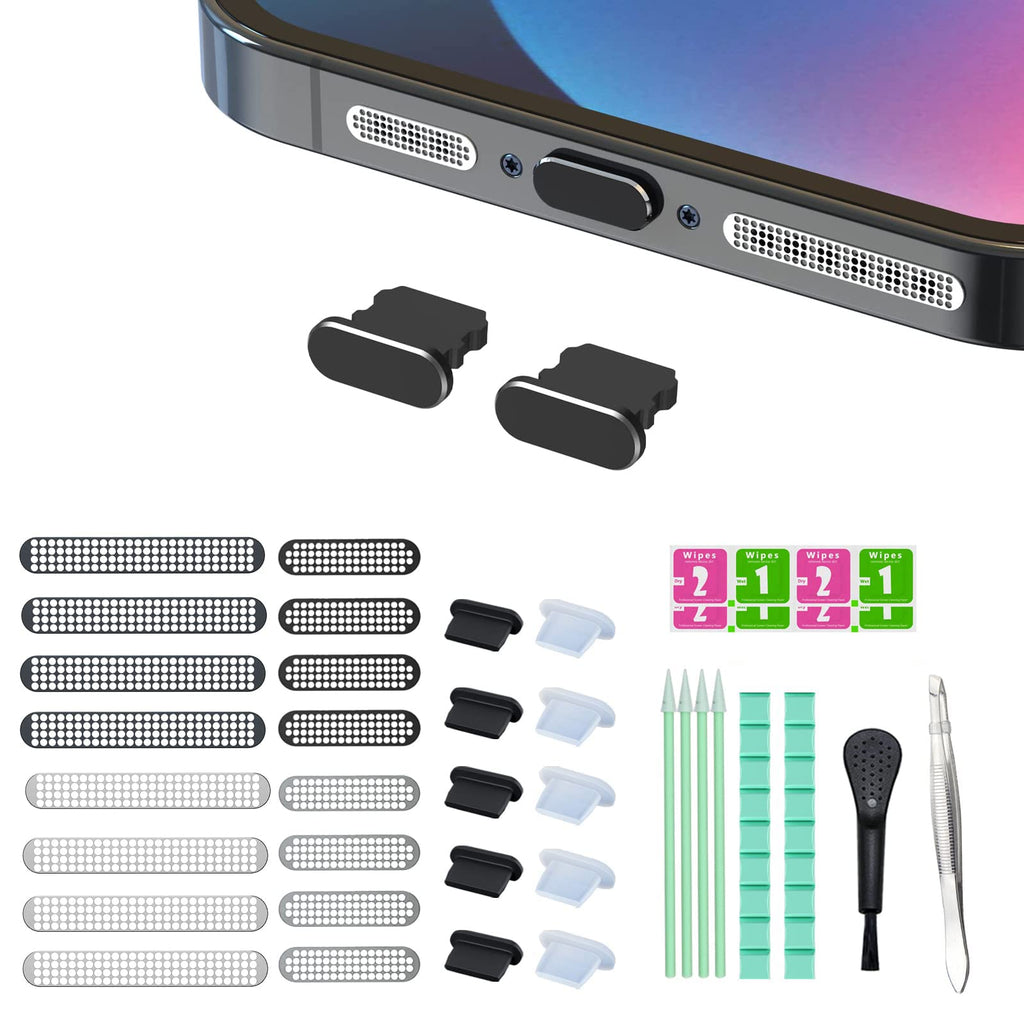 [Australia - AusPower] - 16 PCS iPhone Metal Speaker Dust Cover (8PCS Black and 8PCS Silver) 2PCS iPhone Metal Dust Plug 10PCS Silicone Dust Plugs,with Cleaning Tools Compatible iPhone 12/13 /14 Pro/Pro max/iPhone Series iphone 12/13/14series 
