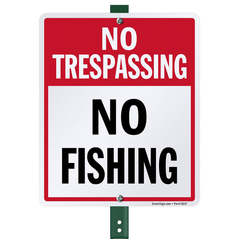 SmartSign 12 x 10 inch “No Trespassing - No Fishing” LawnBoss Yard Sign with 3 foot Stake, 40 mil Laminated Rustproof Aluminum, Red and White, Set of 1 10" x 12" sign with 3' Stake
