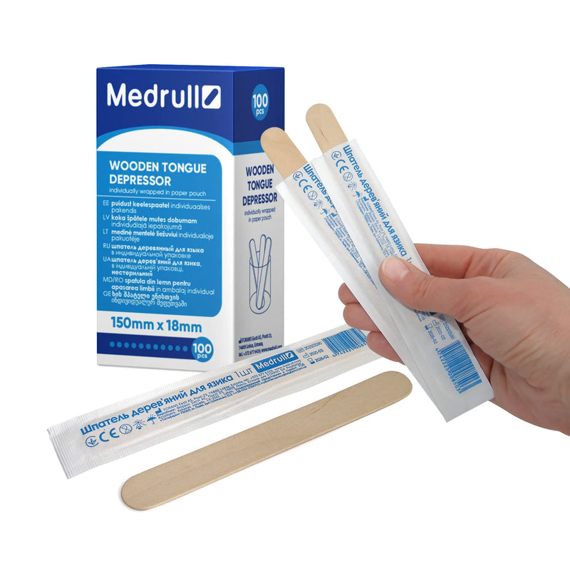 Medrull Wooden Mouth Depressors Pack of 100, 1.8 cm x 15 cm Individually Packed in Paper Bag for Applying Ointments or Waxes for Medical Purposes to Examine the Mouth and Throat Space 1.8 cm x 15 cm (100 Pieces Individually Packed)