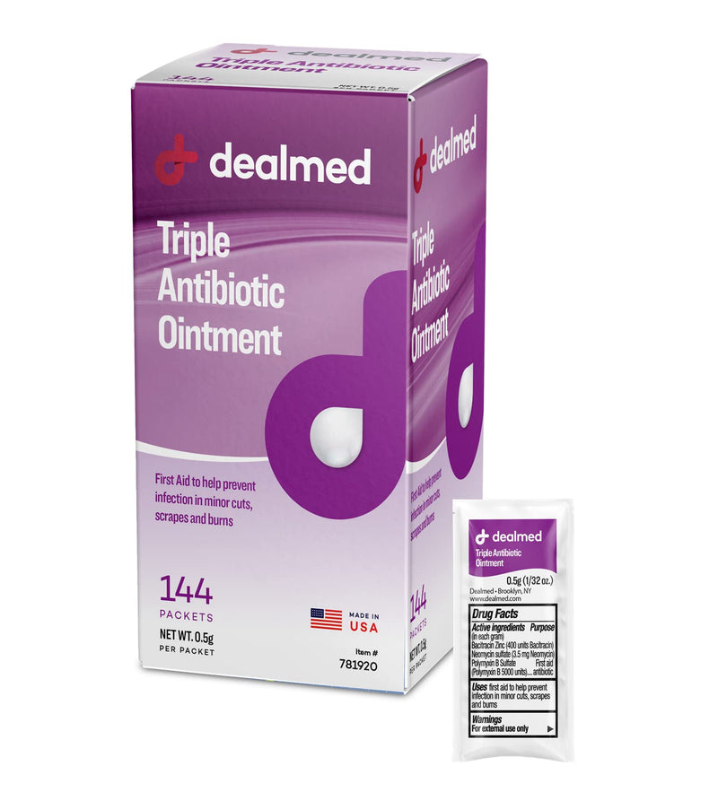 [Australia - AusPower] - Dealmed Triple Antibiotic Ointment – Made in The USA, Single-Use Packets for Instant Relief from Cuts, Scrapes and Burns, 144 Packets/Box (.5g) - Pack of 1 Triple Antibiotic Box 