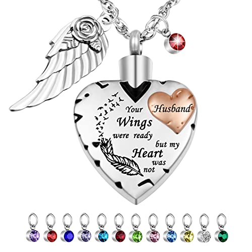 Dletay Heart Cremation Necklace for Ashes Cremation Jewelry with 12 Birthstones Urn Necklace for Ashes-Your Wings were Ready but My Heart was Not Husband