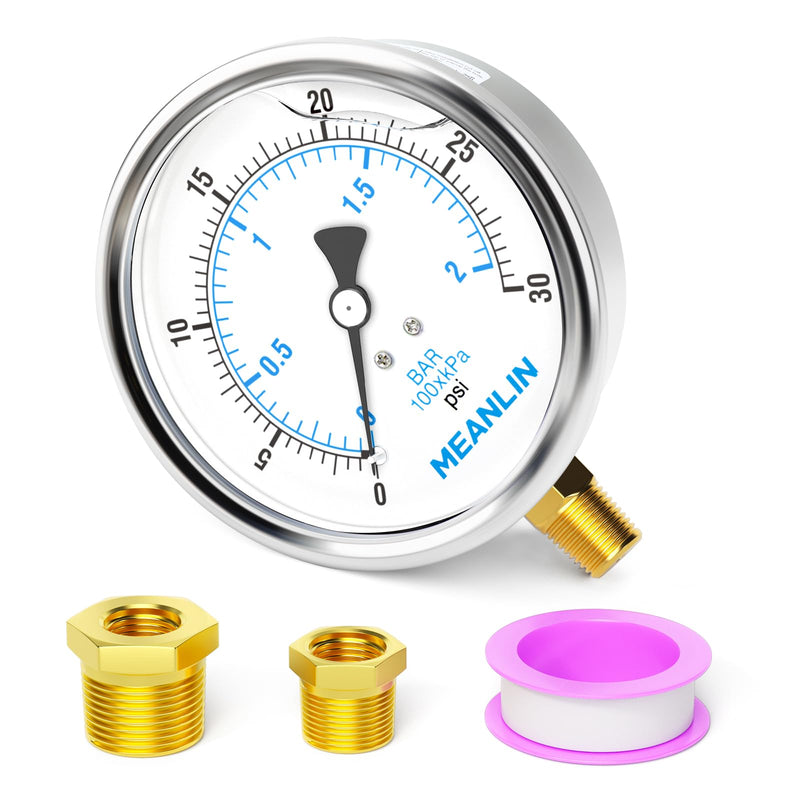 [Australia - AusPower] - MEANLIN MEASURE 0~30Psi Stainless Steel 1/4" NPT 4" FACE DIAL Liquid Filled Pressure Gauge WOG Water Oil Air Lower Mount, with 1/2" NPT and 3/8" NPT Hex Bushing 0-30Psi Lower Mount/4" Face Dial 