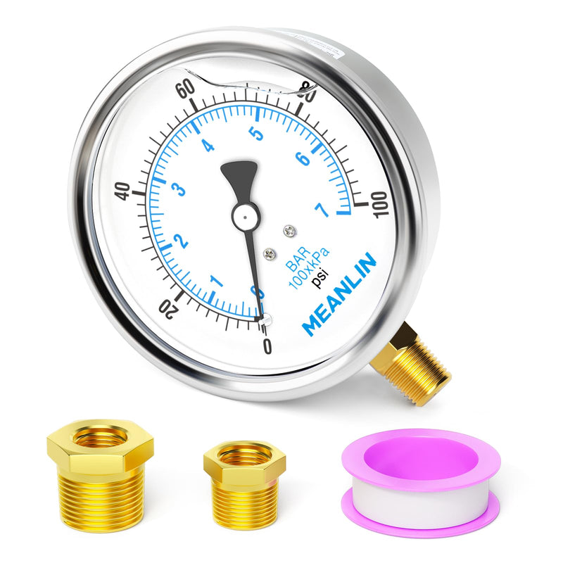 [Australia - AusPower] - MEANLIN MEASURE 0~100Psi Stainless Steel 1/4" NPT 4" FACE DIAL Liquid Filled Pressure Gauge WOG Water Oil Air Lower Mount, with 1/2" NPT and 3/8" NPT Hex Bushing 0-100Psi Lower Mount/4" Face Dial 