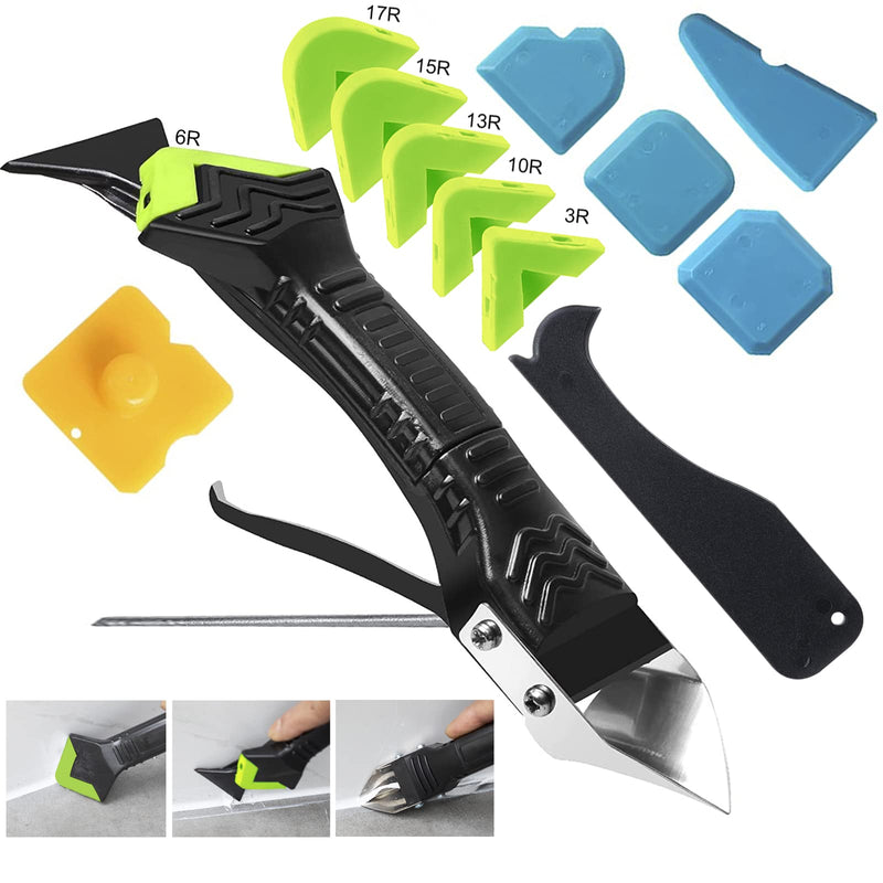 [Australia - AusPower] - Caulking Tool 5 in 1 Silicone Caulking Grout Removal Tool Sealant Finishing Tool with Grout Scraper, 6 Exchange Silicone Pads, Adhesive Residue Scraper Seam Repair Tool Kit for Kitchen Bathroom Green 