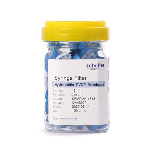 COBETTER hydrophilic PVDF syringe filter, 0.45μm pore size, 13mm, non-sterile, pack of 100
