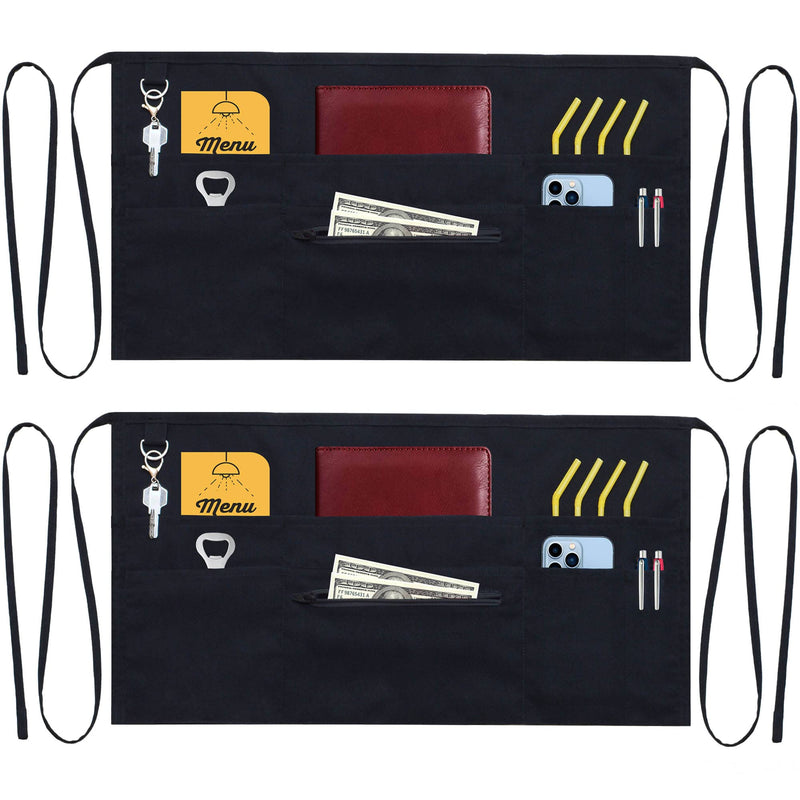 [Australia - AusPower] - 7 Pockets Server Aprons with Zipper Pocket (2 Pack) - Aprons for Women Men - Waiter Waitress Waist Half Apron 24x12 Black 