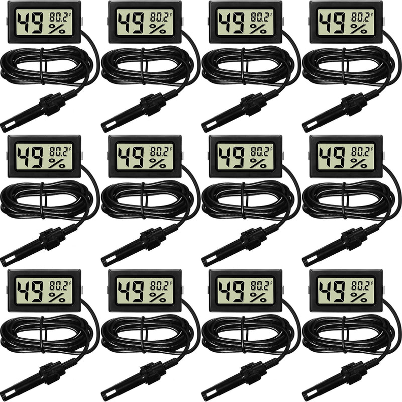 [Australia - AusPower] - Weewooday Mini Digital Temperature Humidity Meters Gauge with Probe Gauge LCD Fahrenheit Display Thermometer Hygrometer for Incubator Reptile Plant Greenhouse Chicken Coop Garden(Black, 12 Pieces) Black 