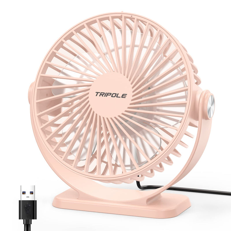 [Australia - AusPower] - TriPole Mini Desk Fan USB Powered Portable Fan 3 Speeds Strong Airflow Small Fan 360°Rotation Personal Fan 5.1 Inch Table Fan for Home Office Bedroom Desktop, Pink, 4.9ft Cable 