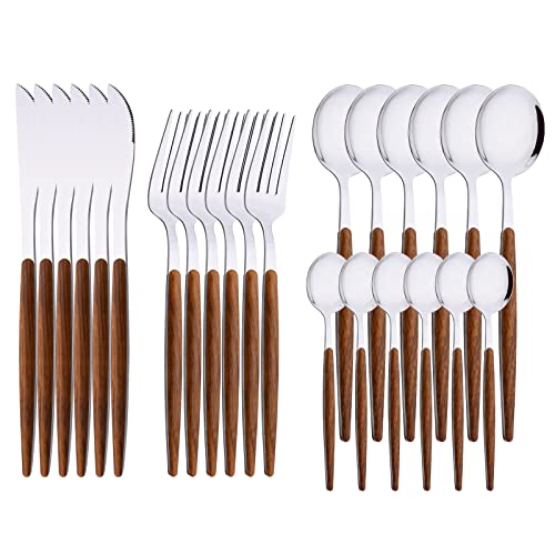 24-Piece Silverware Set for 6, Silver Mirror Polished Stainless Steel Flatware Set, Wooden Effect Handle Utensil Set for Home Hotel Restaurant, Family Cutlery Set Include Knife Fork Spoon Brown Silver