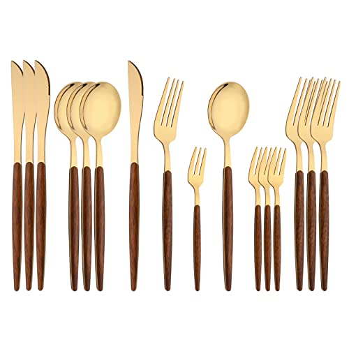 16-Piece Silverware Set with Cake Fork, Gold Stainless Steel Flatware Cutlery Set, Eating Utensils Set with Wooden effect Handle, Include Knife Fork Spoon, Mirror Polished, Dishwasher Safe Brown Gold