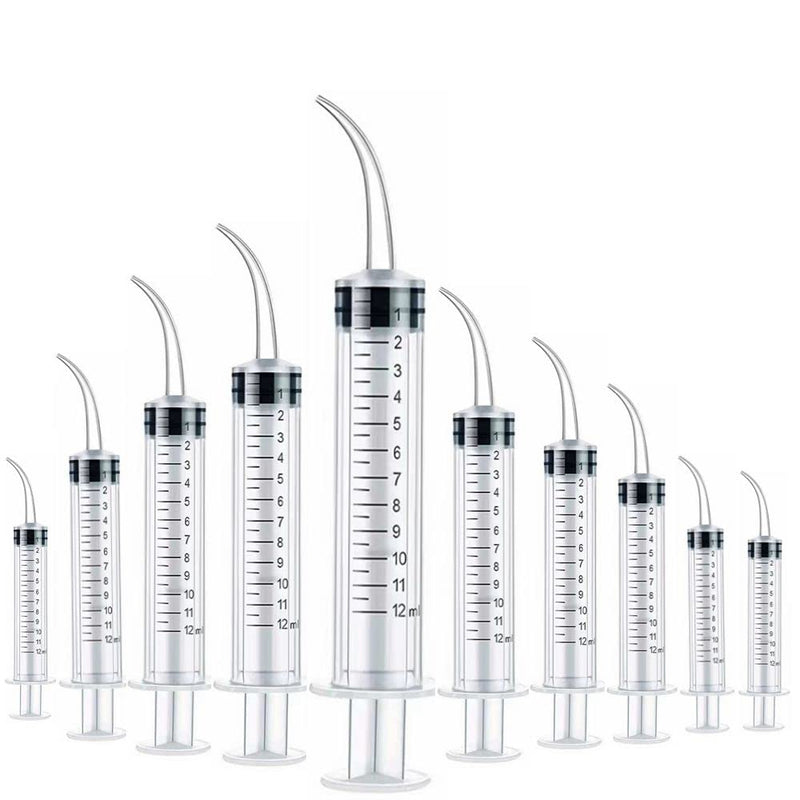 [Australia - AusPower] - 10 Pack Dental Syringes with Curved Tip Disposable Gradient Dental Irrigation Syringes for Oral Dental Care Tonsil Stone Removal Laboratory Feeding Small Pets Curved Measurable (12ml, transparent, 10) 12ml 