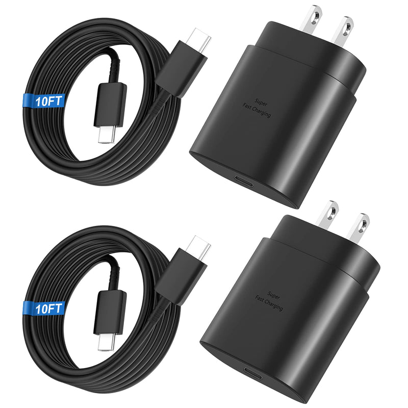 [Australia - AusPower] - Super Fast Charger Type C, 25W USB C Wall Charger Fast Charging for Samsung Galaxy S24 Ultra/S24/S24+/S23 Ultra/S23/S22 Ultra/S22/S21 Ultra/S20 Ultra/Note 20 with 10FT Long Type C Charger Cable 2Pack Black 