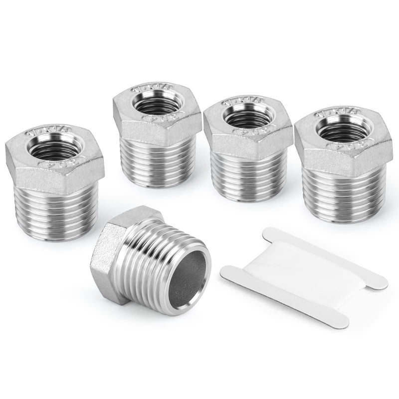[Australia - AusPower] - TAISHER 5PCS 304 Stainless Steel Reducer Hex Bushing, 3/4" NPT Male x 1/2" NPT Female, Reducing Pipe Adapter Fitting 3/4” MNPT x 1/2“ FNPT 5 