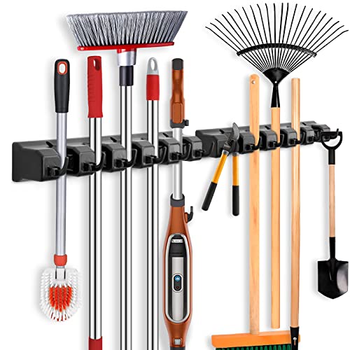 ibell Pack of 2 Broom Holder Wall, Tool Holder Wall Mount with 10 Holders and 12 Hooks, Broom Holder, Tool Holder, Garden Tool Holder, Organizer for Home, Kitchen, Bathroom, Garage, Garden 2 pieces Black