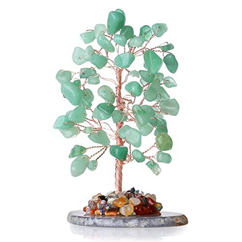 Green Aventurine Healing Crystal Tree of Life Natural Gemstone Agate Slice Base Copper Wire Wrapped Money Trees Feng Shui Spiritual Energy Decorations Home Office Room Desk Decor Gifts for Women Men Green Aventurine