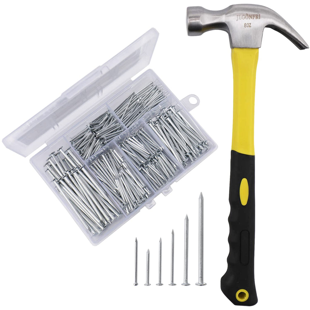 376pcs Hardware Nails Assortment kit with 2" Nails & 8oz Claw Hammer, Nails for Hanging Pictures, Picture Hanging Nails, Finishing nails, Wall nails, Small nails, Wood nails and Hammer