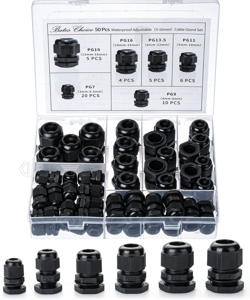 [Australia - AusPower] - Bates- Nylon Cable Gland, 50 pcs, 3-16 mm Cable Gland Connectors, PG7, PG9, PG11, PG13.5, PG16, PG19, Waterproof Cable Connector, Black Cord Grip, Plastic Cable Connector, Cable Glands Waterproof 50 Pack, PG7-PG19 