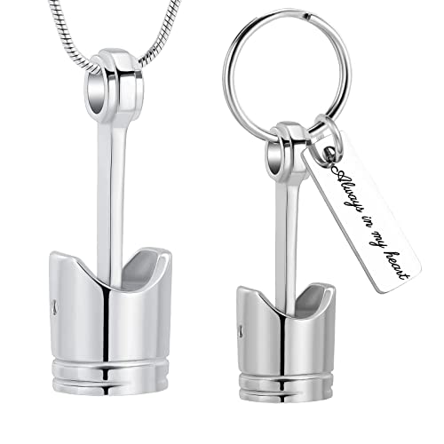 Yinplsmemory 2 Pack Car Parts Cremation Jewelry Piston Urn Necklace Urn Keychain for Men Piston Ashes Keepsake Memorial Jewelry Silver